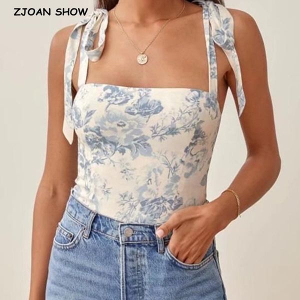 

t-shirt 2021 adjust bow strap blue white floral print camis women summer ruched short tank retro cool girl slim crop tees