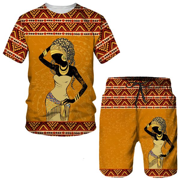 

men's tracksuits african print men's two piece set ethnic style couple streetwear outfits summer t-shirt/shorts/suit casual folk-c, Gray
