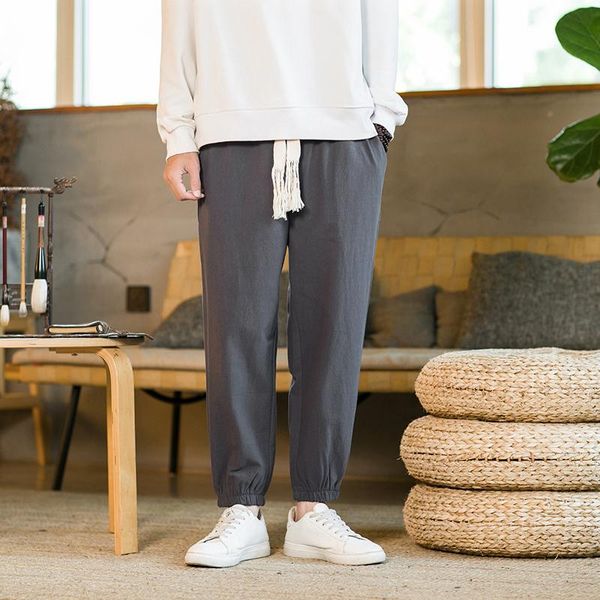 

pants autumn cotton linen cropped pants chinese style retro loose fashion streetwear men's trousers large belt casual harem pants, Black