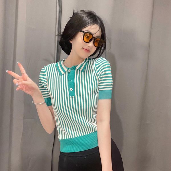 

polos 2022 women's summer new rib detail striped knitted poto shirt fashionable lapel shortsleeved agereducing temperament top, White
