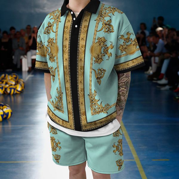 

men's tracksuits summer trend casual retro harajuku print shortsleeved polo shirt fashion loose version short laceup waist two set 2304, Gray