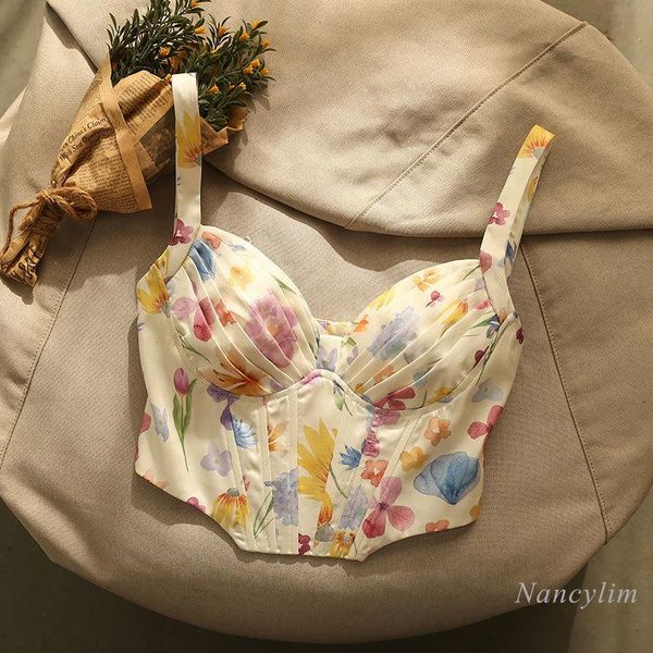

t-shirt floral print fishbone sling camisole women inner match bra outer wear pleated wrapped chest tube lady holiday beach, White