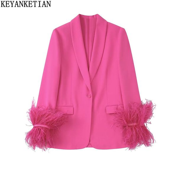 

pants keyanketian women's cuff feather decorated suit autumn and winter new retro rose pink single button fashion jacket mujer top, White