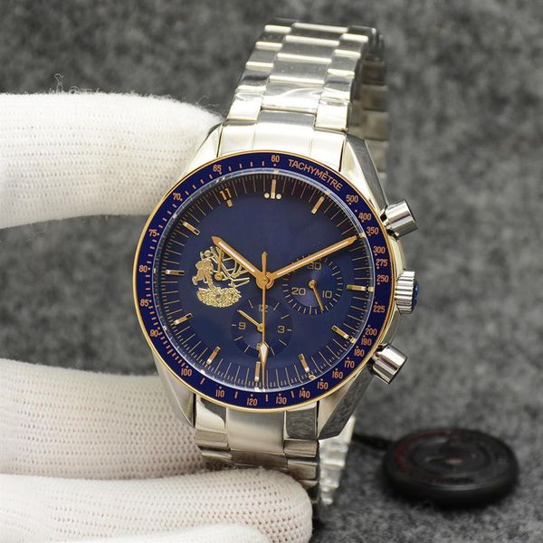 

eyes on the stars watch chronograph sports battery power limited two tone gold blue dial quartz professional dive wristwatch stain2284, Slivery;brown