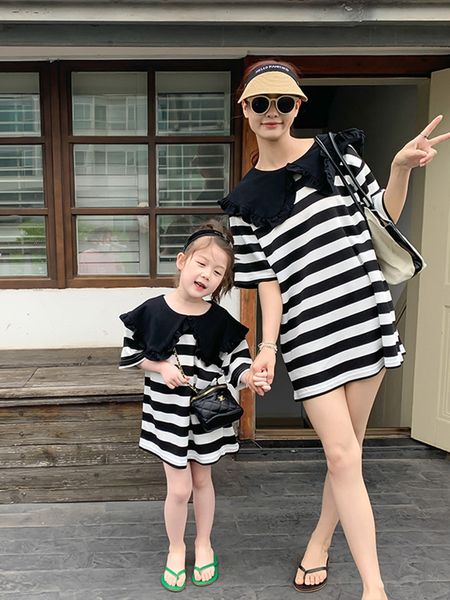 

family matching outfits t-shirt wear striped clothing korean parent-child clothing and version mommy4-6y of clothes children's girl ski, Blue