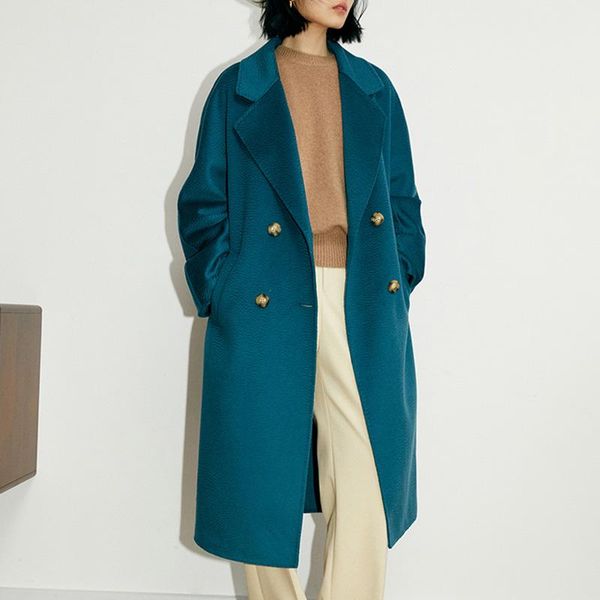 

fur spring autumn water ripple cashmere wool coats women loose female long jacket with belt solid color double face overcoat wb3822s, Black