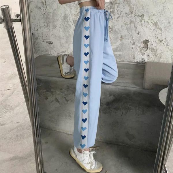 

capris japanese style new love stitching blue casual sports pants female loose cute long simple basic fashion fresh pants, Black;white