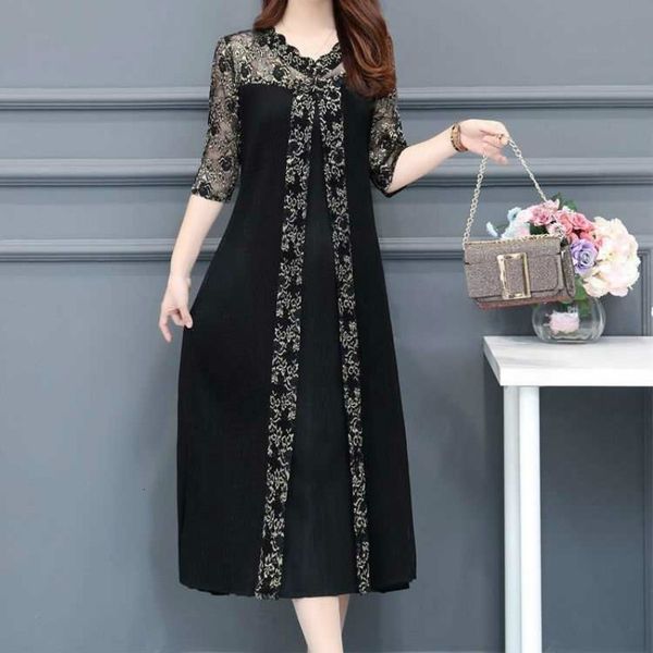 

casual dresses women's long dress women summer temperament loose five-point sleeves lace print v-neck large size black party dress 2304, Black;gray