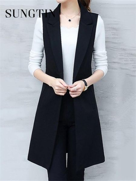 

vests sungtin korea casual spring y2k blazer vest women loose long sleeveless blazer jacket female elegant office lady waistcoat, Black;white