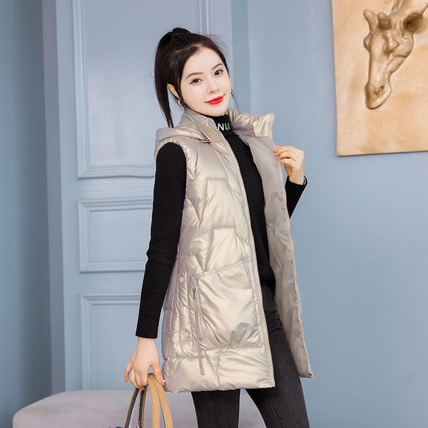

vests women autumn winter long casual thicken waistcoat cotton padded hooded sleeveless jacket coat vest for female, Black;white
