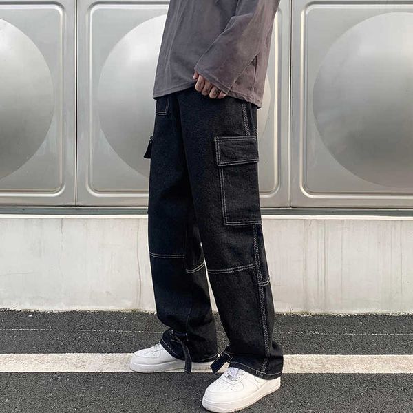 

men's pants men wide leg jeans hip hop casual men's straight baggy denim pants streetwear skateboard pant neutral trousers plus si, Black