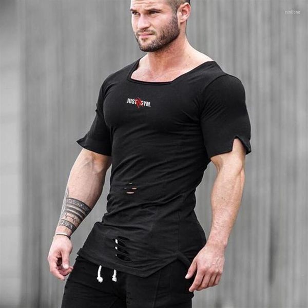 

men' tank mens fashion clothing bodybuilding gym sports vintage hole fitness tshirt extend t shirt casual short sleeve 238e, White;black
