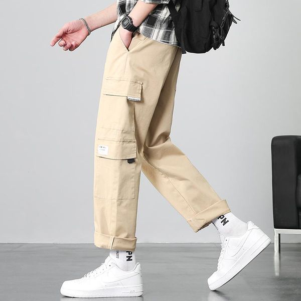 

pants brand cargo pants men spring leisure bunched pants korean hong kong style straight leg loose nine cent pants male overalls khaki, Black
