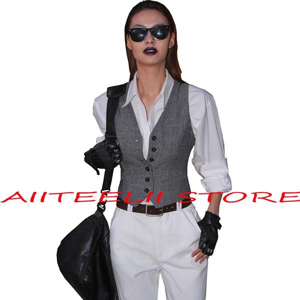 

vests women's suit vest business work jacket slim fit formal waistcoat retro wool tweed chalecos, Black;white