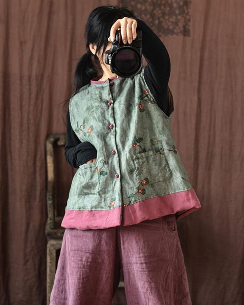 

vests women loose patchwork padded vest waistcoat outerwear female vintage spliced linen vest autumn winter vests 2022, Black;white