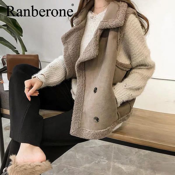 

vests needbo women faux lamb wool vest sleeveless winter coat femme korean fashion brown jackets outerwear stitching leather, Black;white