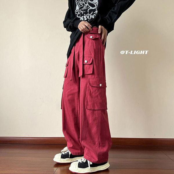 

pants autumn cotton cargo pants men fashion multipocket casual pants mens japanese streetwear hip hop loose straight pants men m5xl, Black