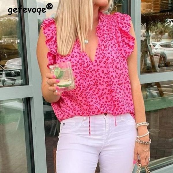 

tanks casual fashion leopard printed ruffles tshirt spring summer 2022 new streetwear sleeveless vneck tank female clothing, Black;white