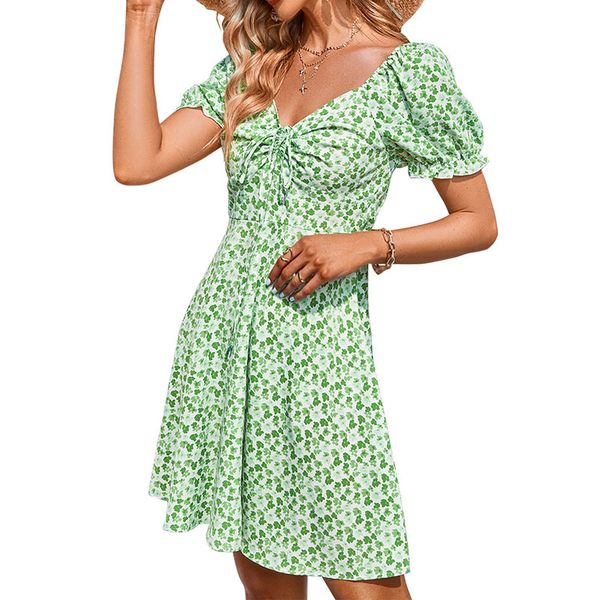 

v neck backless a-line mini casual dress polyester pullover sashes puff short sleeves ruches chest high waist loose floral printed panelled, Black;gray