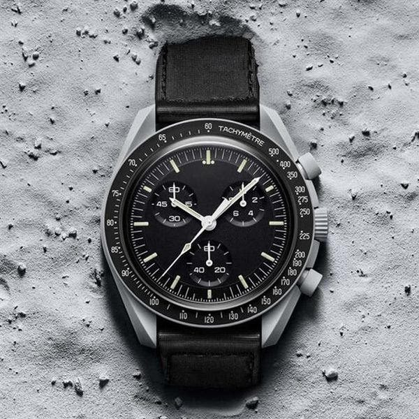 

moon mens watches full function quarz chronograph watch mission to mercury 42mm nylon luxury watch limited edition master wristwat327t, Slivery;brown