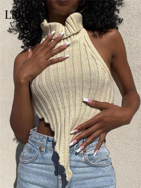 

tanks asymmetrical knit halter vest women sleeveless turtleneck backless streetwear summer 2022 beach black white tank