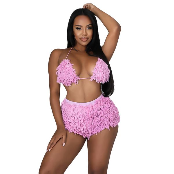 

fur jrry women faux fur set two pieces set halter backless furry cropped set spaghetti strap fluffy 2 pieces set outdoor wear, Black