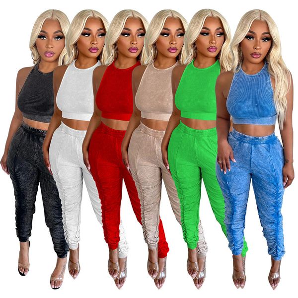 

2023 designer tracksuits summer two piece sets women tracksuits sleeveless tank crop draped pants matching solid outfits sweatsuits wholesal, Gray