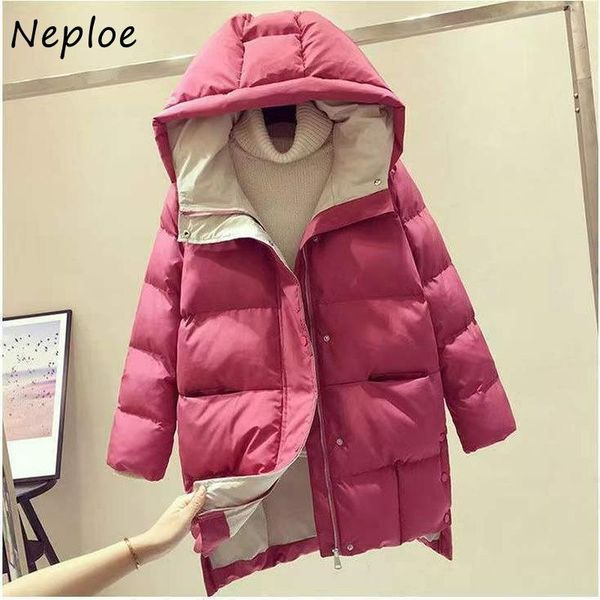 

leather neploe jaqueta feminina winter coat women hooded collar solid color long sleeve parkas pockets singlebreasted puffer jacket, Black