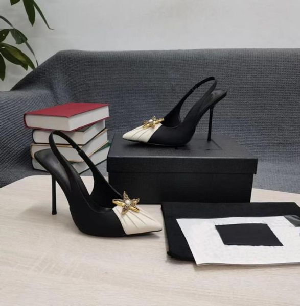 

latest baotou pearl sandals fashion color contrast pointed leather metal letter high heels 11cm luxury show party wedding shoes si9565215, Black