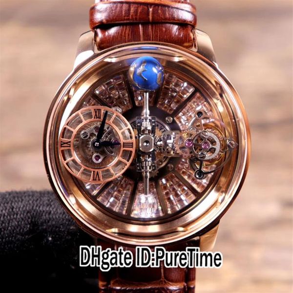 

new astronomia tourbillon baguette rose gold silver diamond skeleton dial swiss quartz mens watch brown leather strap watches pure2499, Slivery;brown