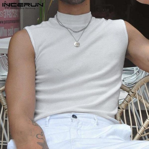 

men  tank 2023 fashion turtleneck sleeveless streetwear casual vests solid color party nightclub skinny incerun  5xl 230421, White;black
