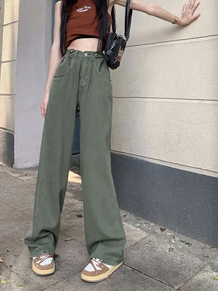

Women's Jeans High Waisted For Women Wide Leg Pants Denim Blue Streetwear Straight Mom Korean Fashion Full Length Trouser, Army green
