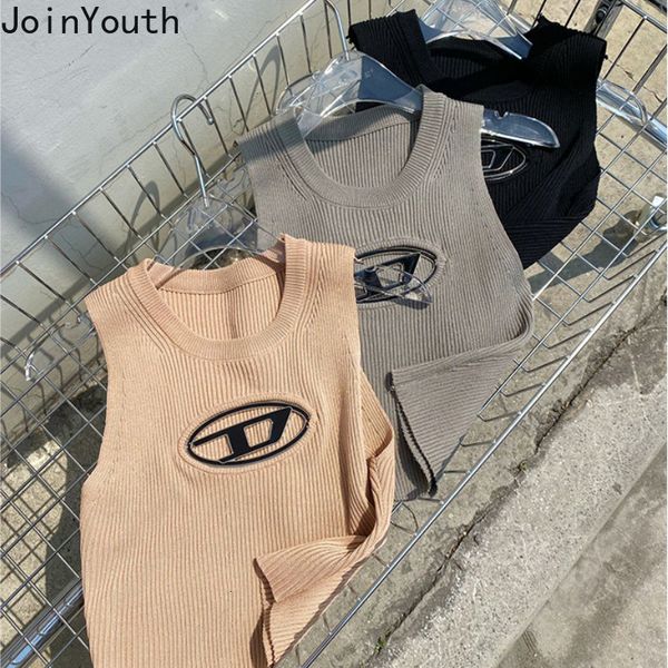 

womens tshirt harajuku y2k fashion knitted vest oneck sleeveless tunic tanks ropa mujer chic hollow out korean crop female 230420, White