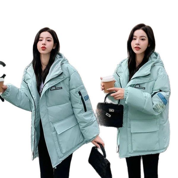 

leather overcoat parka 2022 new korean version thickened loose down cotton jacket for female winter students cottonpadded jacket, Black