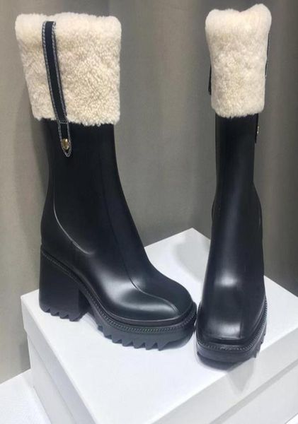 

superior quality luxury designers women half boots mixed color wool square toes rainboots chunky heels platform shoes combat ankle9466365, Black