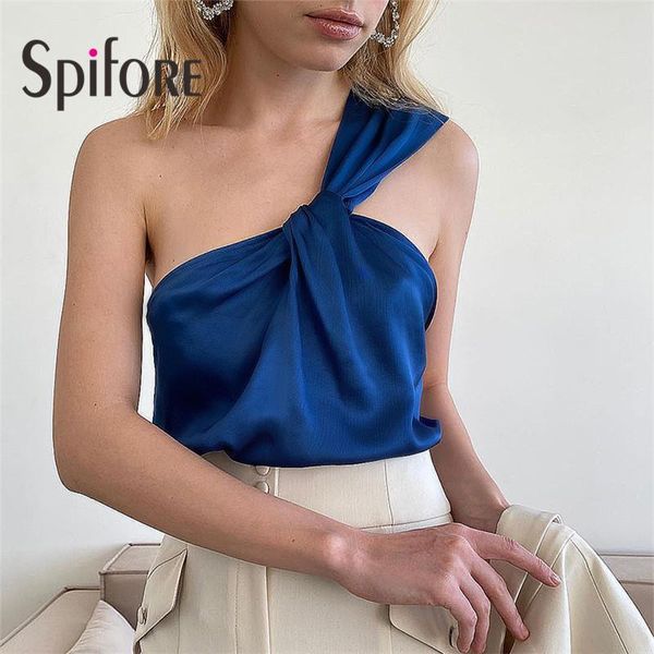 

tanks spifore one shoulder tube tanks new style ruched satin crop fashion blue party clubwear silk women vest elegant, Black;white