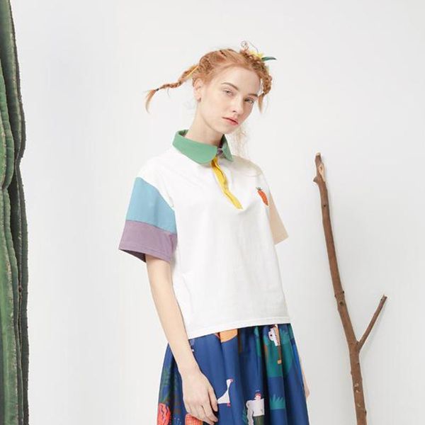 

polos women polo shirts cute strawberry embroidery fashion color splicing short sleeve casual preppy 2017 new summer, White