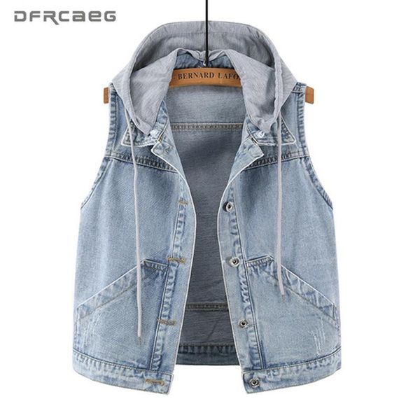 

vests 4xl 5xlplus size women denim vest hood 2020 summer slim jeans gilet femme streetwear sleeveless short jackets jean waistcoat, Black;white