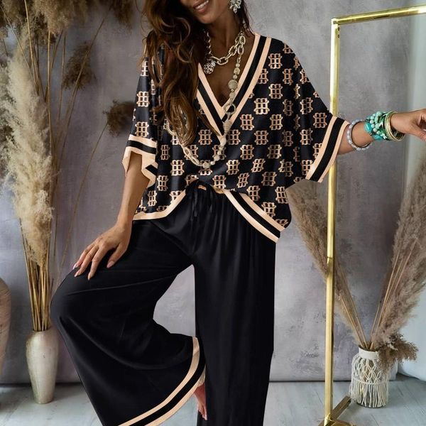 

pants 2022 dames lente nieuwe kantoor pak herfst casual losse homewear vrouwen mode gedrukt pop mouw + wijde pijpen broek twee stuk, White