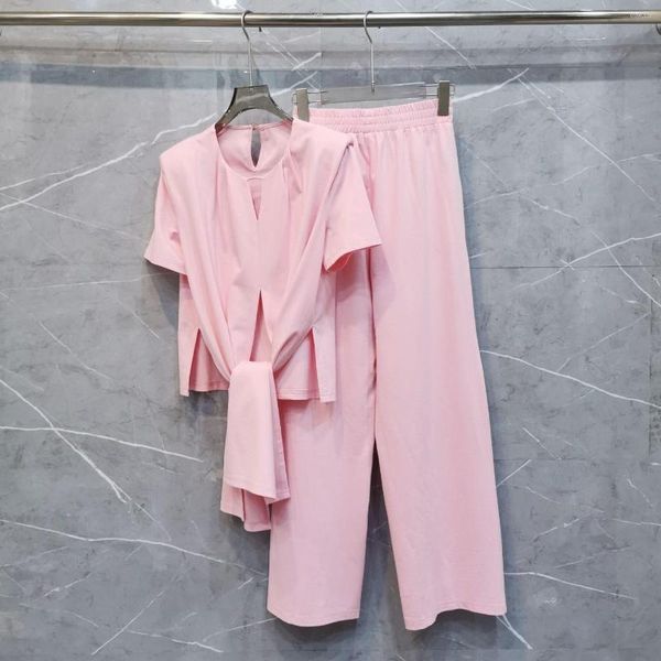 

Women's Two Piece Pants Lace-up Top With Straight Set Elastic Waist Design Casual Fashion 2023 Summer 0410, Pink