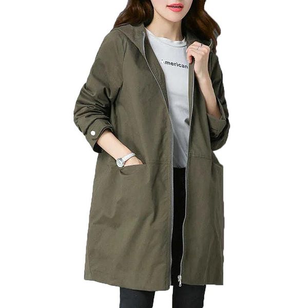 

raincoats armygreen black casual women trench coat midlength zipper hooded lady spring fall windbreaker outerwear female streetwear