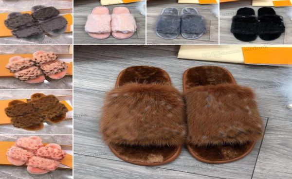 

2021 autumn winter highend soft fur slippers luxury women designer woman plush slipper indoor le shoes warm fox fur slippery l6707829, Black