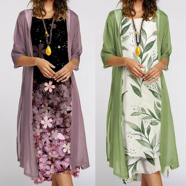 

dress dress sets elegant floral chiffon long dresses+cardigan long women two piece set spring summer women dress robe outfits, White