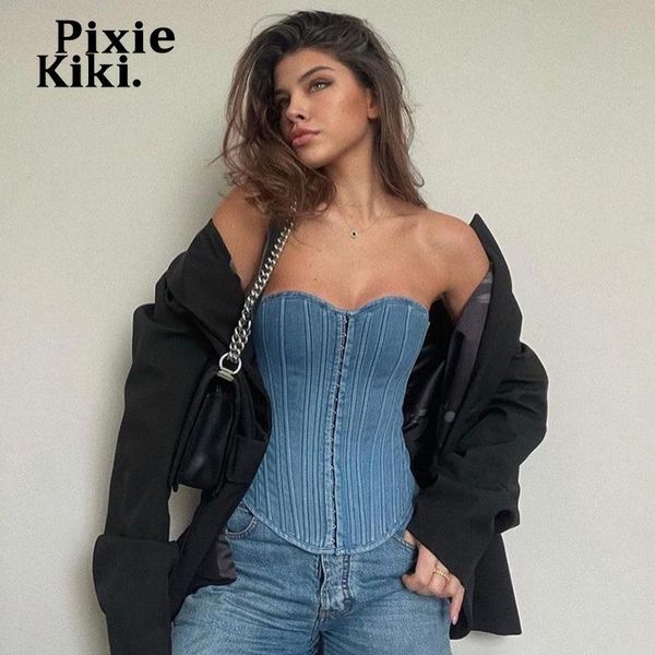 

tanks pixiekiki lace up bandage denim corset 2022 summer clothes for women night club tube vintage streetwear p67cf17, Black;white