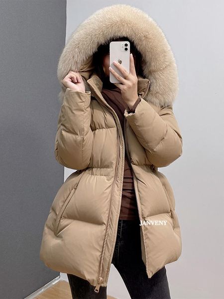 

parkas janveny 2022 new winter large real fox fur collar hooded puffer jacket women thick warm loose casual waterproof duck down coat, Black