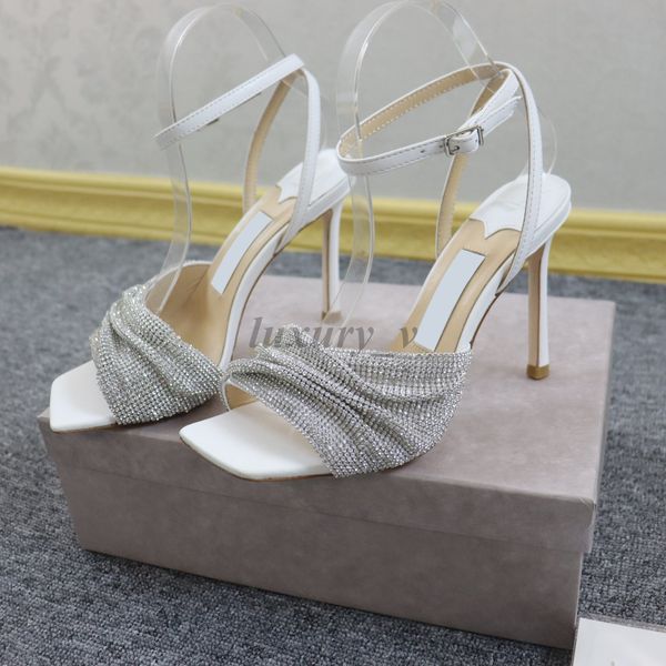 

designer rhinestone sandals wedding high heels women lutaras half slippers satin crystal open toe rhinestone ankle strap mules, Black