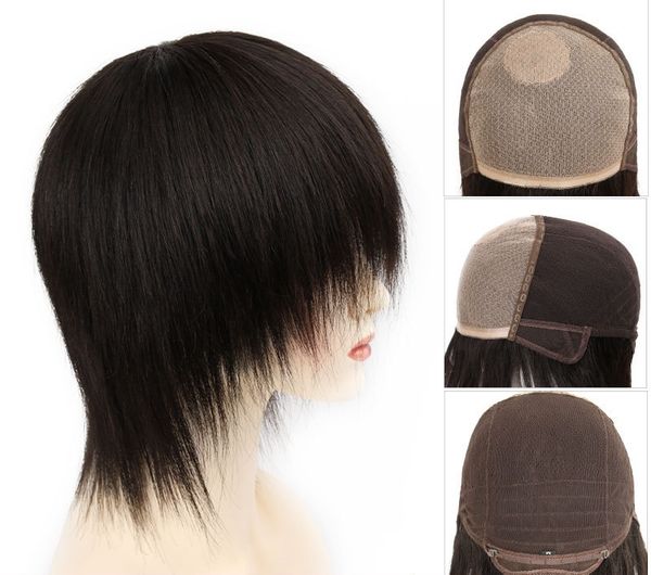 

fashion layered human hair full wig, full hand tied wigs for men women black 6", Black;brown