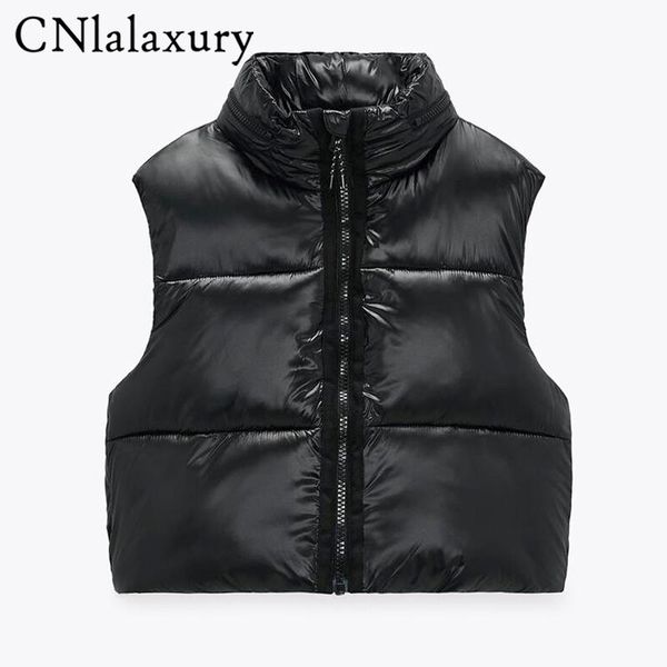 

vests 2021 spring autumn women black glossy cropped vest coat zipper hooded sleeveless waistcoat warm short outwear female parkas, Black;white