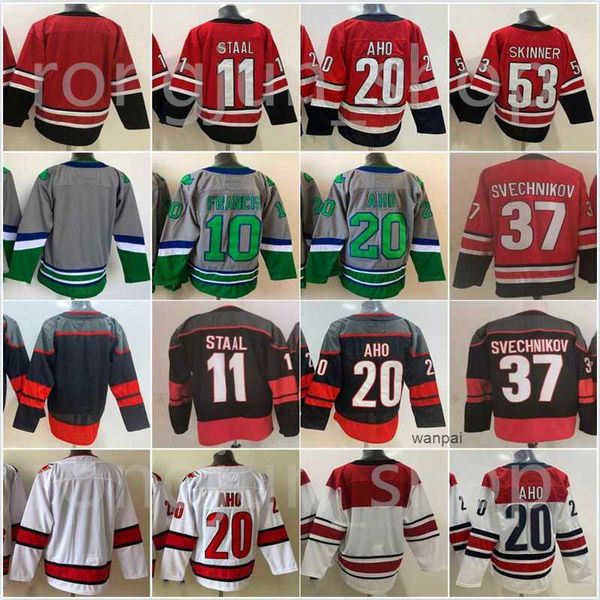 

men carolina ice hockey canes 20 sebastian aho jerseys 10 ron francis 11 staal 37 andrei svechnikov 86 teuvo teravainen green whalers night, Black;red