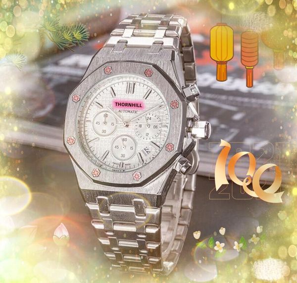 

all dials work brand mens watches three eyes full functional clock wristwatches full stainless steel band quartz calendar hip hop iced out s, Slivery;brown